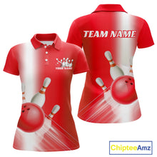Load image into Gallery viewer, Women’s polo shirt mockup shown front and back with bowling ball and pins graphics flowing through a red gradient layout.