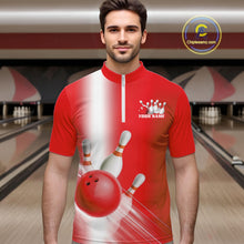 Load image into Gallery viewer, Front view of a male model in a bowling lane wearing a quarter zip shirt with bowling ball and pins flowing through a red gradient design.