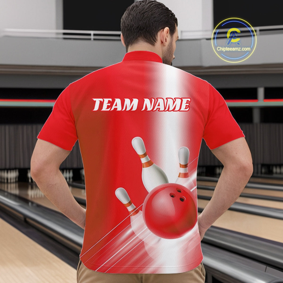 Male model front view at the bowling lane wearing a bowling quarter zip shirt with bowling ball and pins flowing across a red gradient pattern.