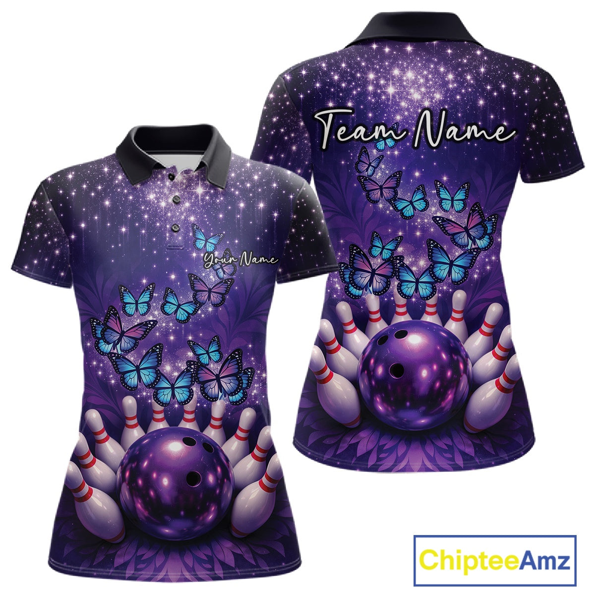 Custom Blue And Purple Buttefly Ladies Bowling Team Shirt, Women Bowler Outfits IPHW10918