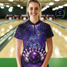 Load image into Gallery viewer, Custom Blue And Purple Buttefly Ladies Bowling Team Shirt, Women Bowler Outfits IPHW10918