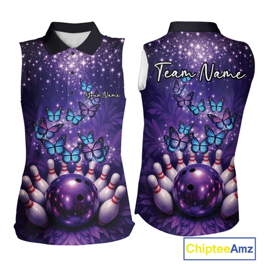 Custom Blue And Purple Buttefly Ladies Bowling Team Shirt, Women Bowler Outfits IPHW10918