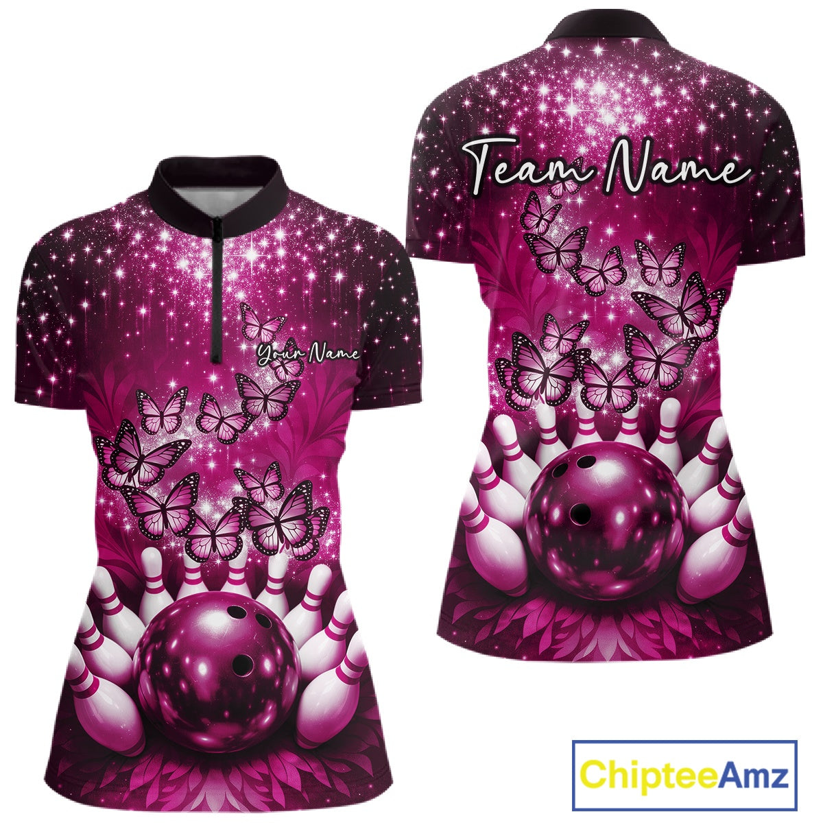 Custom Pink Buttefly Ladies Bowling Team Shirt, Women Bowling Quarter-Zip Shirt IPHW10919