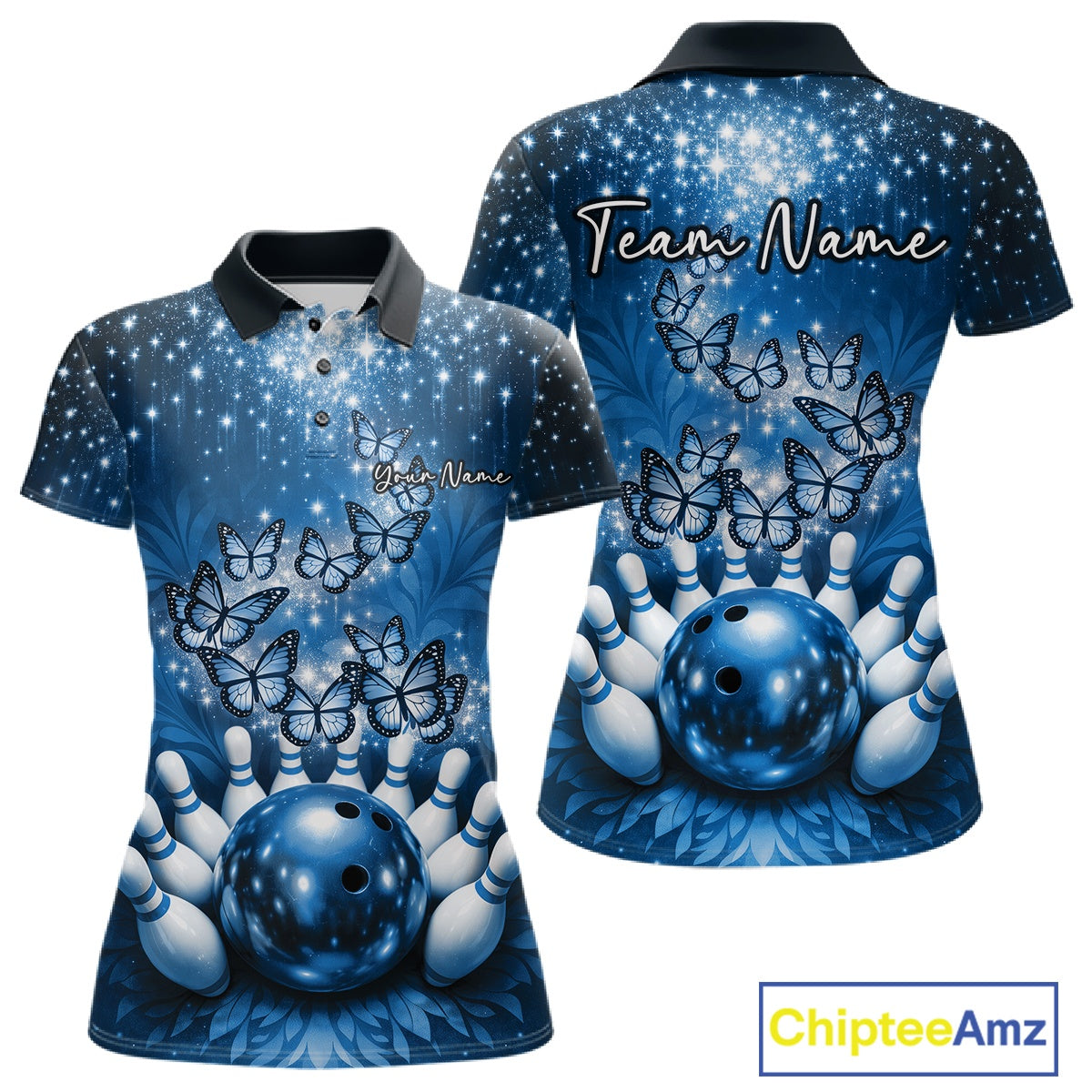 Custom Blue Buttefly Ladies Bowling Team Shirt, Women Bowling Polo Shirt IPHW10920
