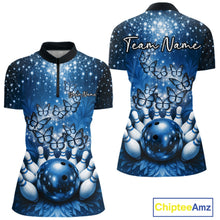 Load image into Gallery viewer, Custom Blue Buttefly Ladies Bowling Team Shirt, Women Bowling Quarter-Zip Shirt IPHW10920