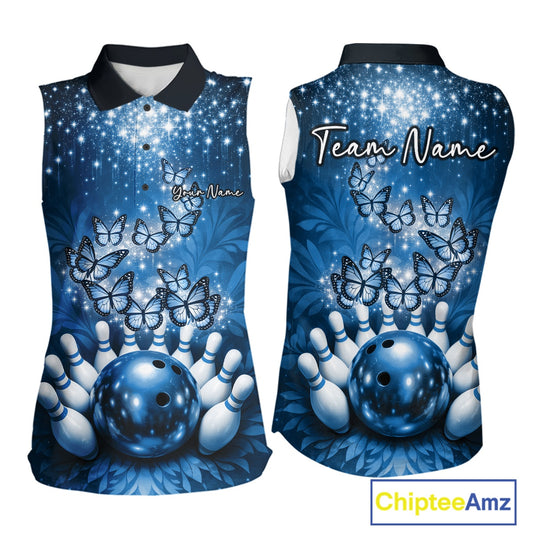 Custom Blue Buttefly Ladies Bowling Team Shirt, Women Bowling Sleeveless Polo Shirt IPHW10920