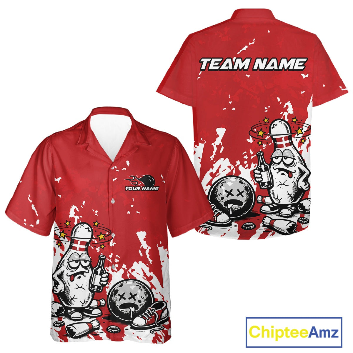 Front and back view of a button-up bowling shirt mockup in red and white, featuring a playful drunk cartoon bowling pin holding a beer bottle and bowling ball with splatter-style background artwork.