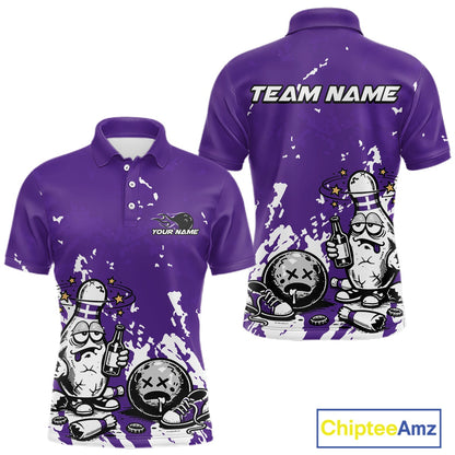 Front and back view of a men’s polo shirt mockup in purple and white, featuring splatter-style drunk bowling pin holding beer bottle and bowling ball.