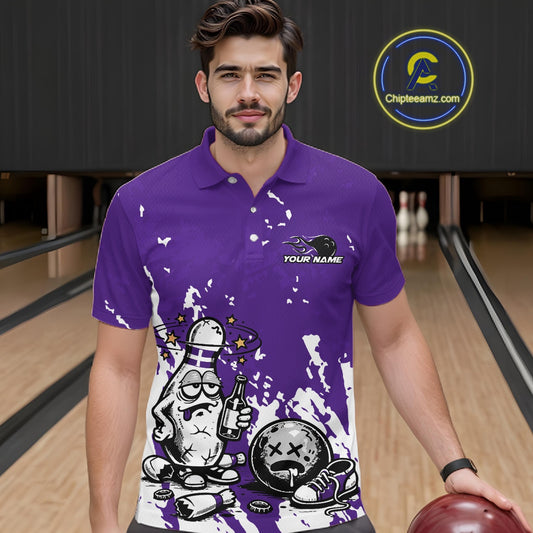 Male model in a bowling lane wearing a purple and white polo shirt, humorous drunk bowling pin illustration with beer bottle and bowling ball over splatter texture.