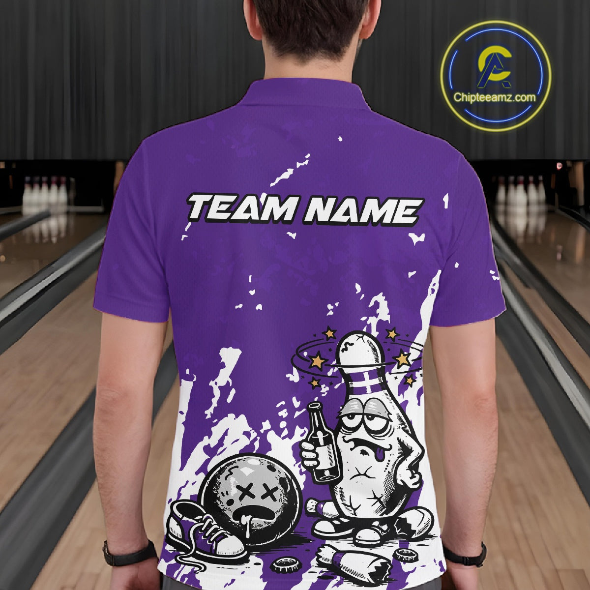 Back view of a male bowler wearing a purple and white polo shirt, splatter-style drunk bowling pin artwork holding beer bottle and bowling ball.