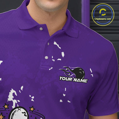 Close-up view of left chest area of a purple and white polo shirt, showing small detailed drunk bowling pin graphic with beer bottle and bowling ball.