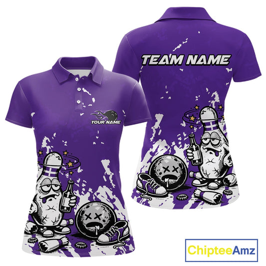 Front and back view of a women’s polo shirt mockup in purple and white, featuring splatter-style drunk bowling pin holding beer bottle and bowling ball artwork.