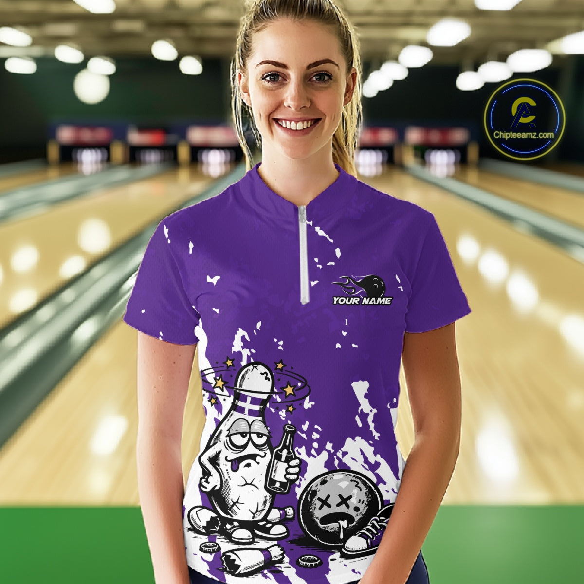 Front view female model in purple and white quarter zip bowling shirt in bowling lane, playful bowling pin beer drinking illustration with splatter style