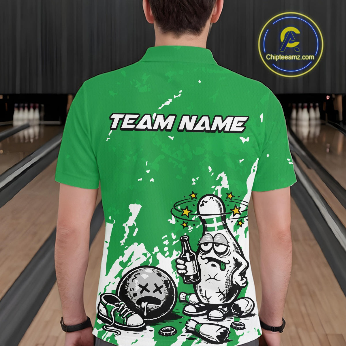 Back view of a male bowler wearing a green and white polo shirt, splatter-style drunk bowling pin illustration holding beer bottle and bowling ball.