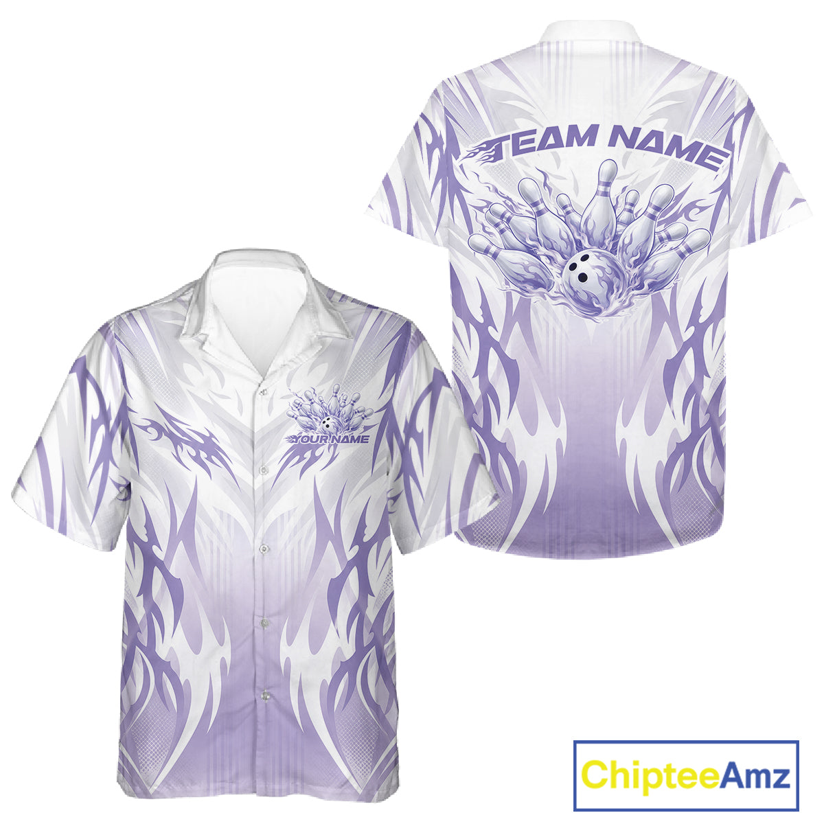 Custom Purple Flame Tribal Bowling Men And Women Button Up Shirt, Bowling League Shirt Team Jersey IPHW12129