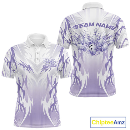 Custom Purple Flame Tribal Bowling Men Polo Shirt, Bowling League Shirt Team Jersey IPHW12129