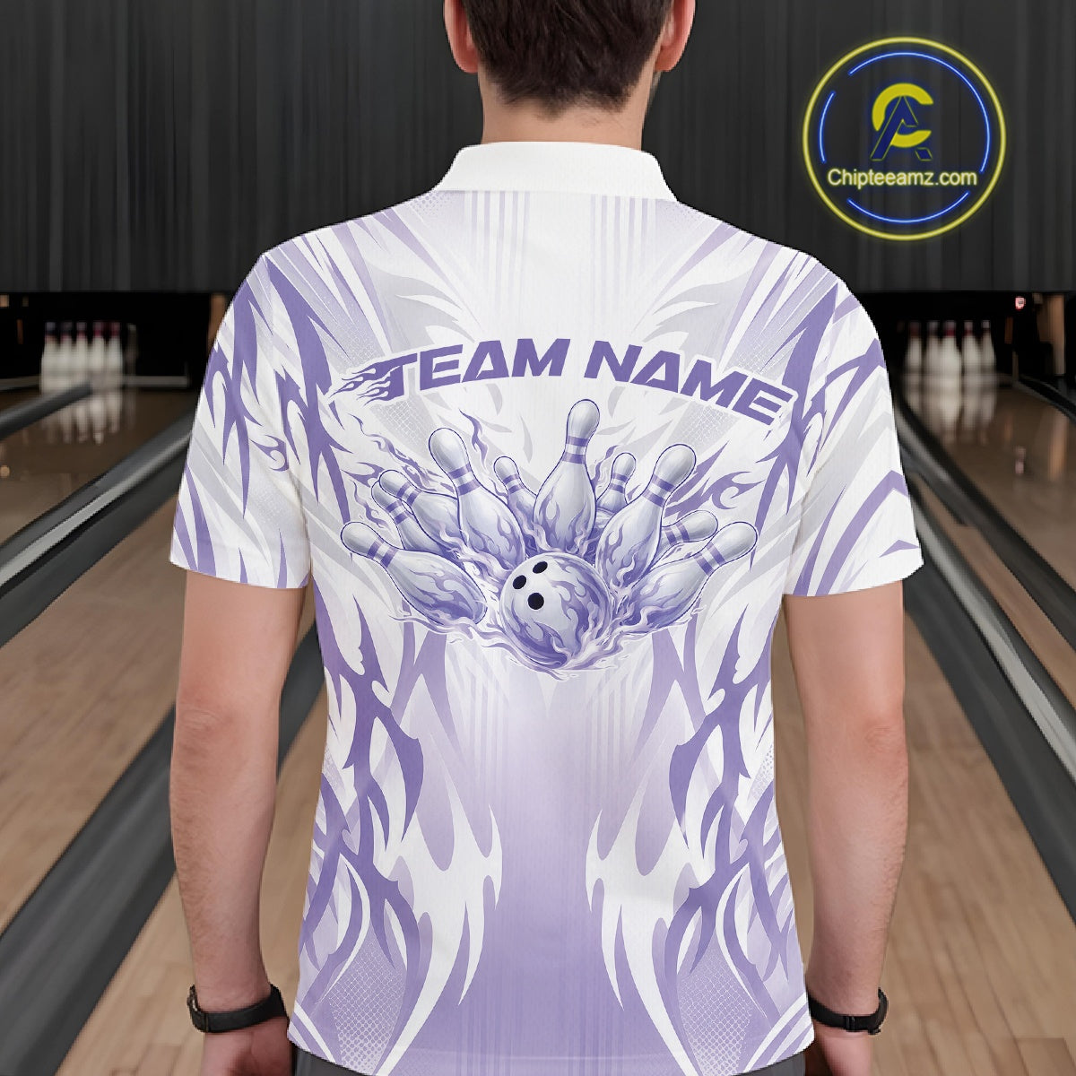 Custom Purple Flame Tribal Bowling Men Polo Shirt, Bowling League Shirt Team Jersey IPHW12129