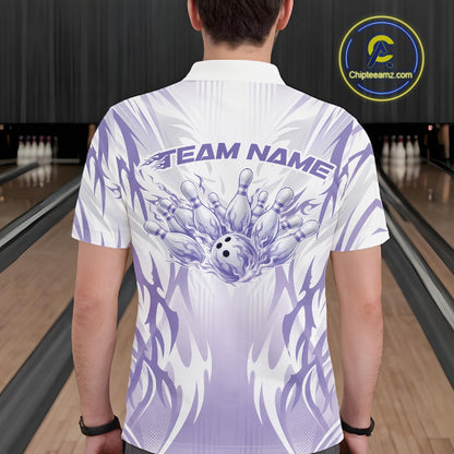 Custom Purple Flame Tribal Bowling Men Polo Shirt, Bowling League Shirt Team Jersey IPHW12129