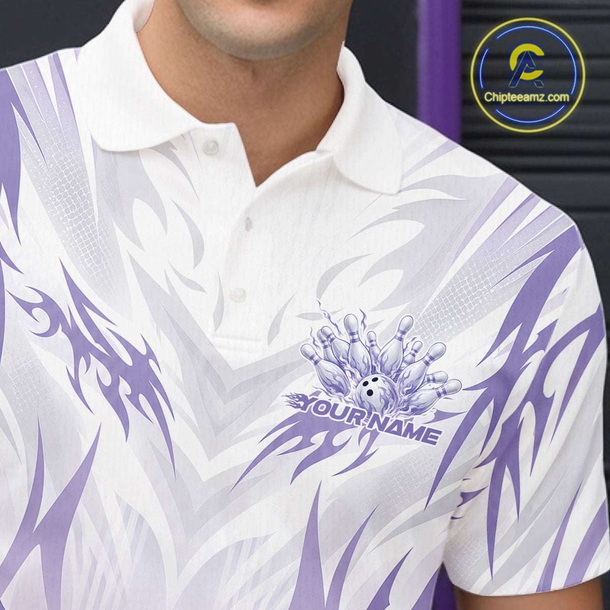 Custom Purple Flame Tribal Bowling Men Polo Shirt, Bowling League Shirt Team Jersey IPHW12129