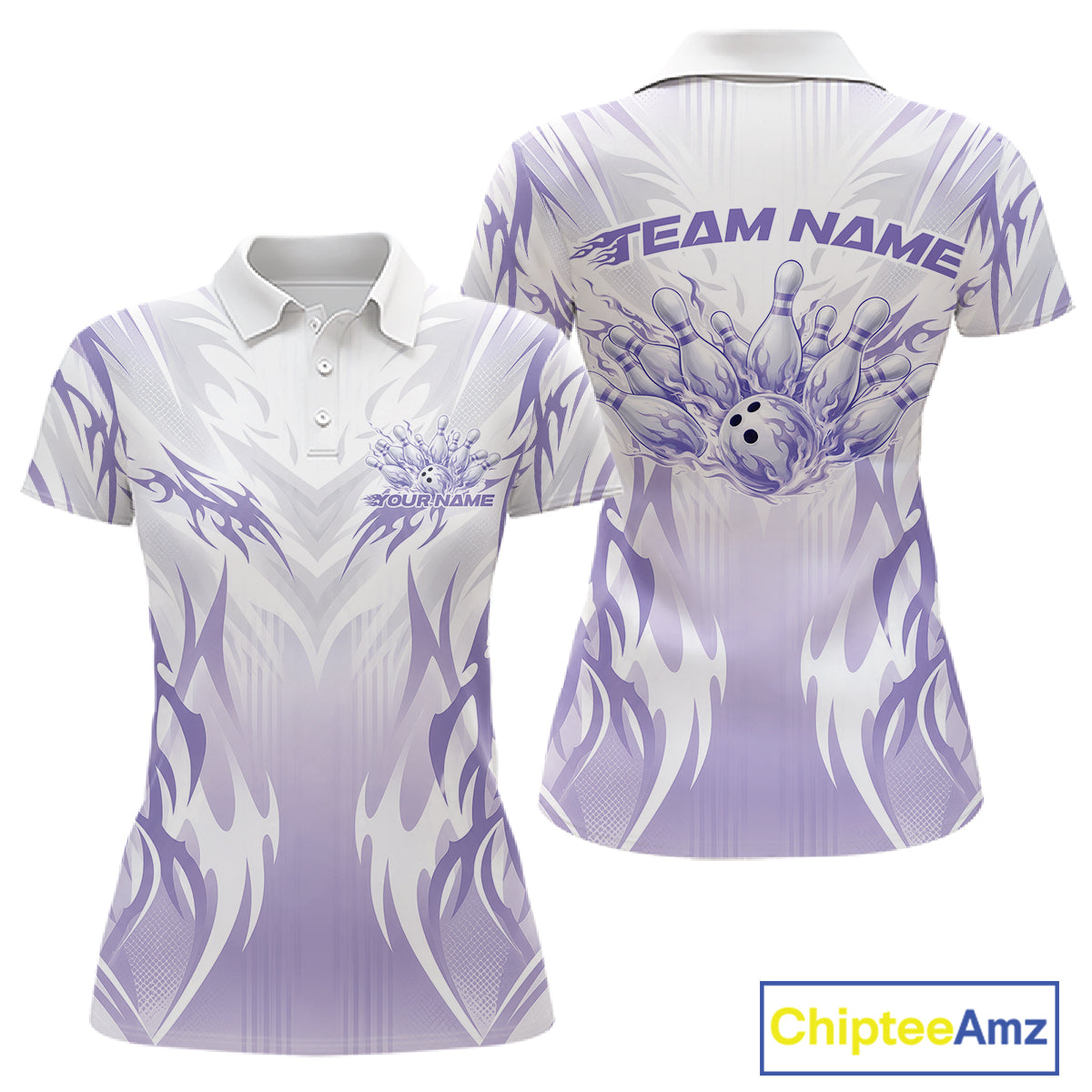 Custom Purple Flame Tribal Bowling Women Polo Shirt, Bowling League Shirt Team Jersey IPHW12129