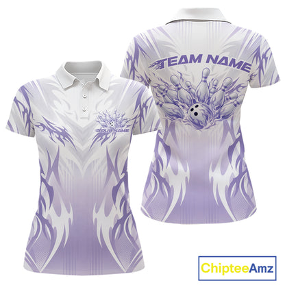 Custom Purple Flame Tribal Bowling Women Polo Shirt, Bowling League Shirt Team Jersey IPHW12129
