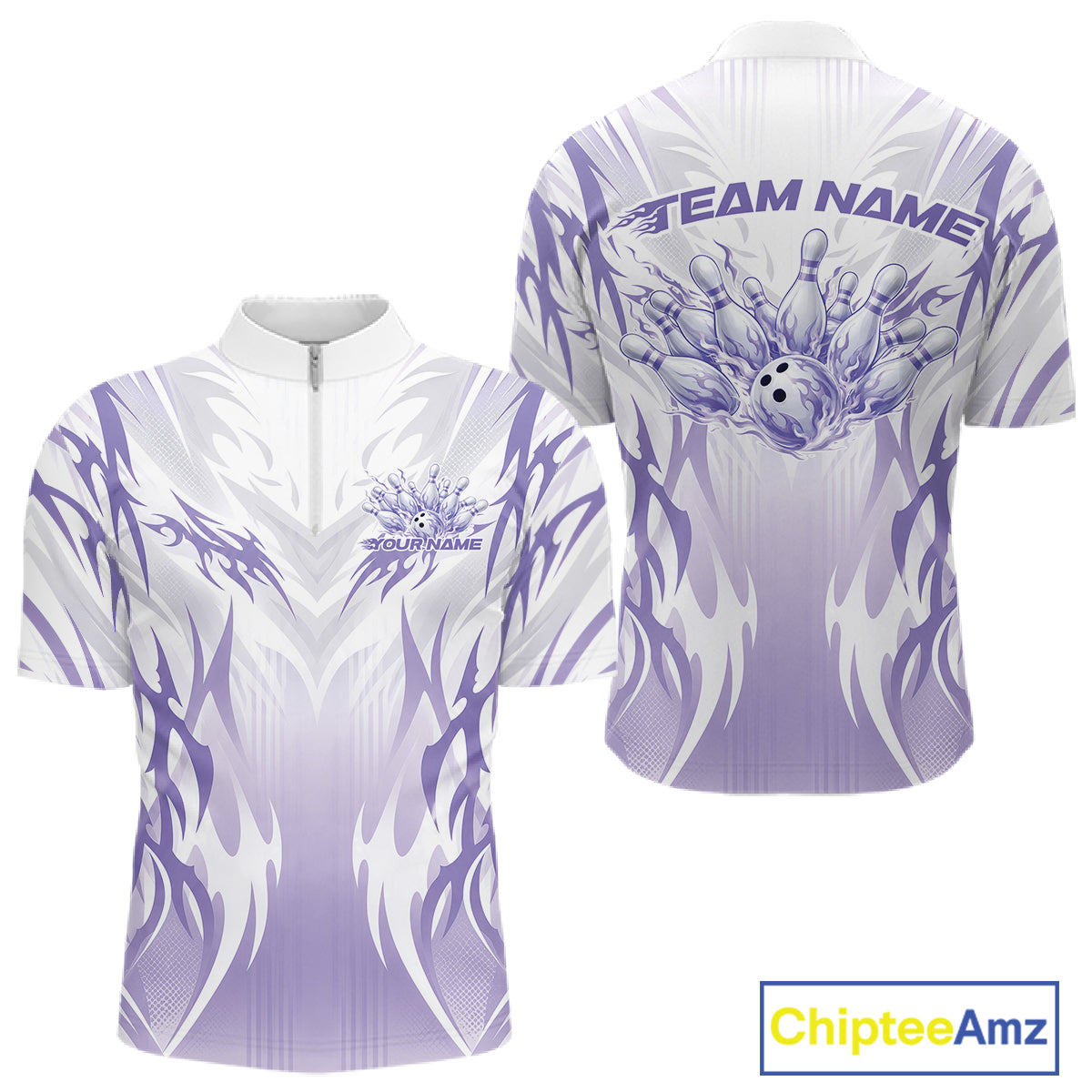 Custom Purple Flame Tribal Bowling Men Quarter Zip Shirt, Bowling League Shirt Team Jersey IPHW12129
