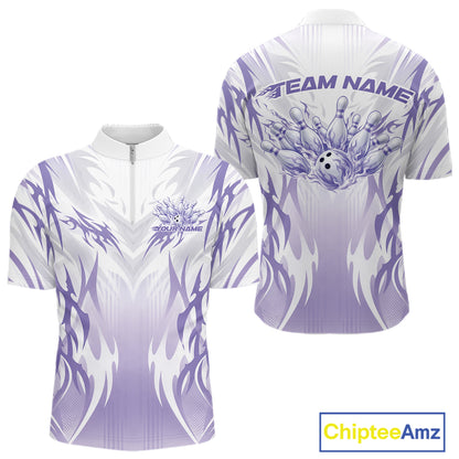 Custom Purple Flame Tribal Bowling Men Quarter Zip Shirt, Bowling League Shirt Team Jersey IPHW12129