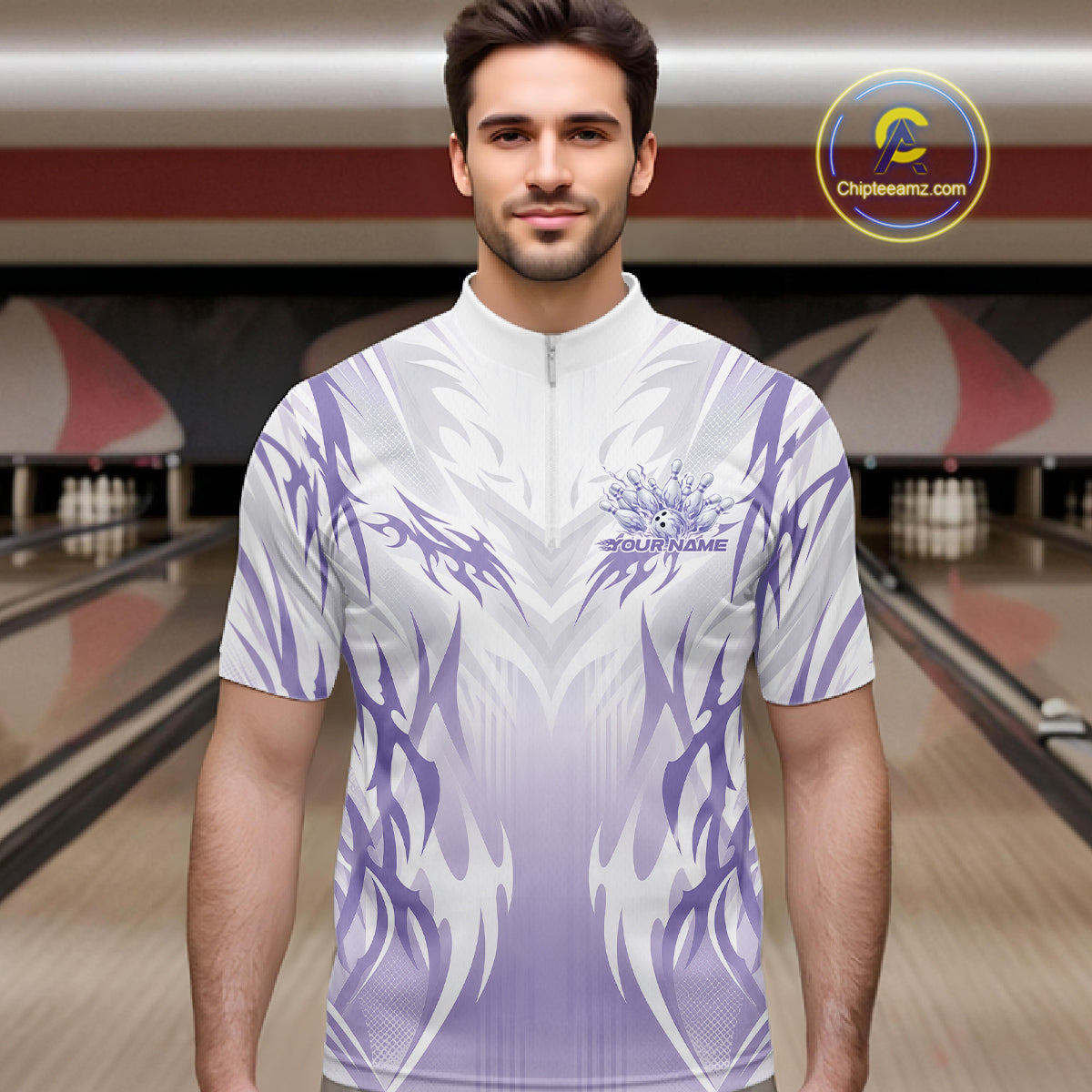 Custom Purple Flame Tribal Bowling Men Quarter Zip Shirt, Bowling League Shirt Team Jersey IPHW12129