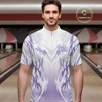 Custom Purple Flame Tribal Bowling Men Quarter Zip Shirt, Bowling League Shirt Team Jersey IPHW12129