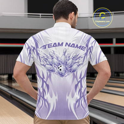 Custom Purple Flame Tribal Bowling Men Quarter Zip Shirt, Bowling League Shirt Team Jersey IPHW12129