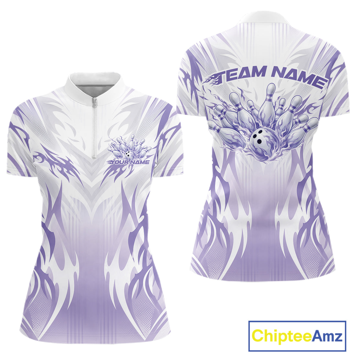 Custom Purple Flame Tribal Bowling Women Quarter-Zip Shirt, Bowling League Team Shirt IPHW12129