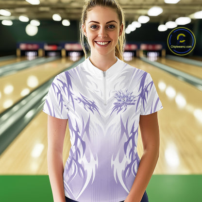 Custom Purple Flame Tribal Bowling Women Quarter-Zip Shirt, Bowling League Team Shirt IPHW12129