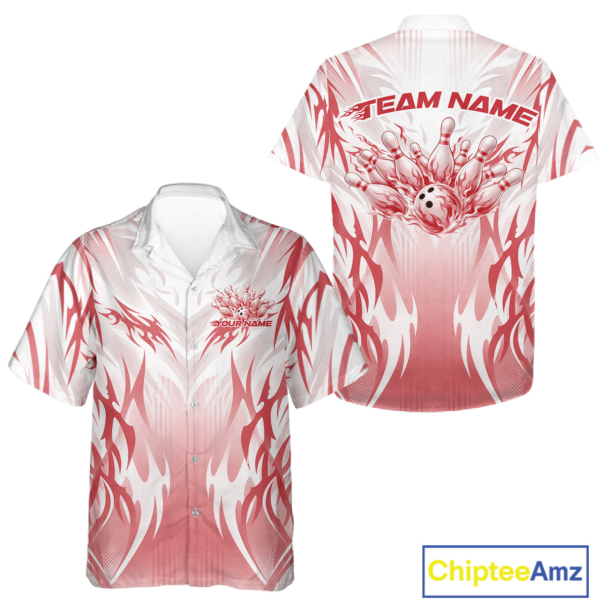 Custom Red Flame Tribal Bowling Men And Women Button Up Shirt, Bowling League Shirt Team Jersey IPHW12130