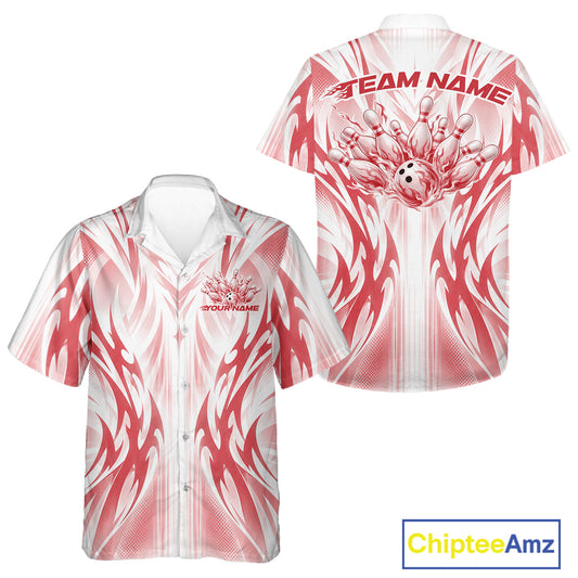 Custom Red Flame Tribal Bowling Men And Women Button Up Shirt, Bowling League Shirt Team Jersey IPHW12130