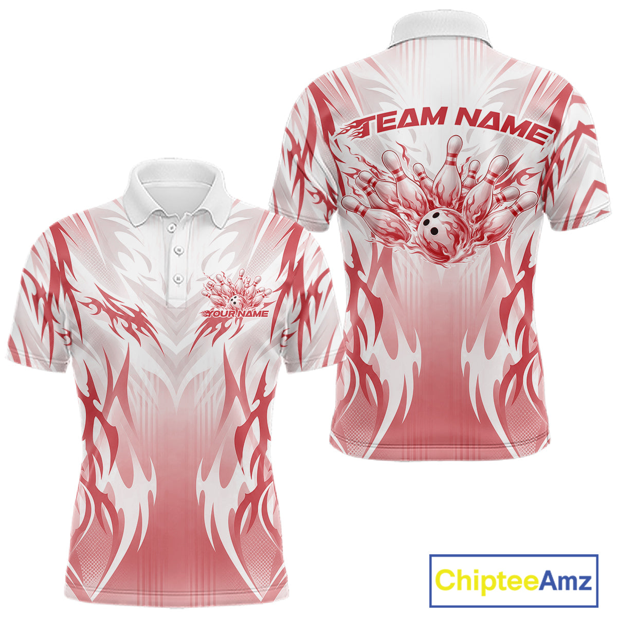 Custom Red Flame Tribal Bowling Men Polo Shirt, Bowling League Shirt Team Jersey IPHW12130