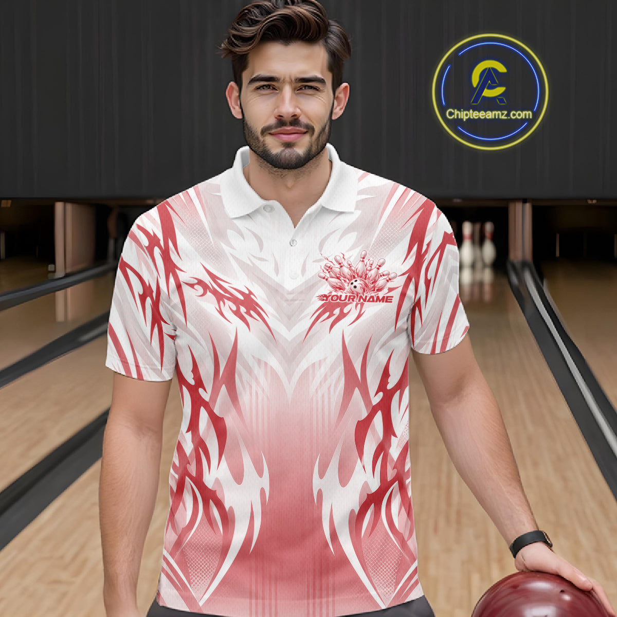 Custom Red Flame Tribal Bowling Men Polo Shirt, Bowling League Shirt Team Jersey IPHW12130