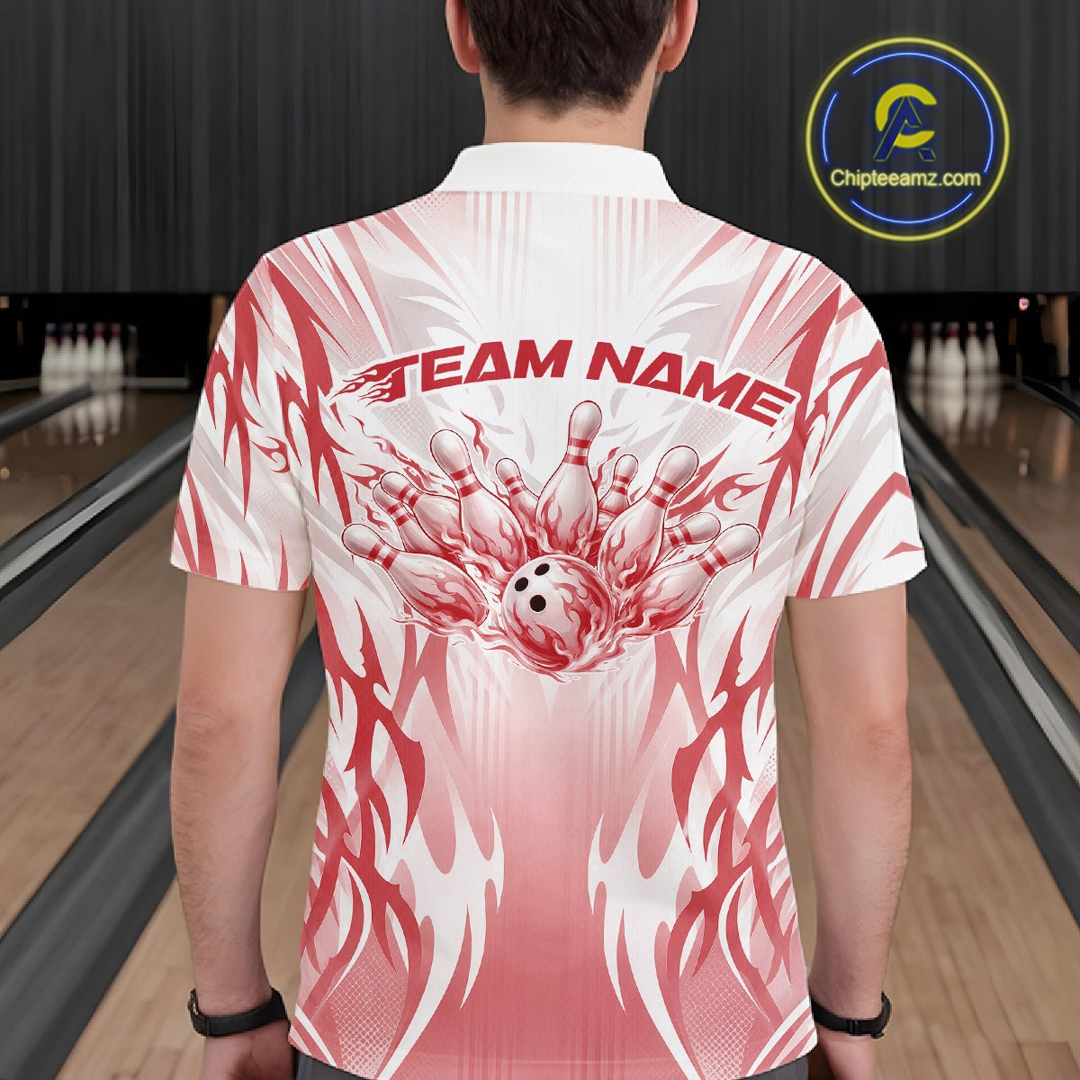 Custom Red Flame Tribal Bowling Men Polo Shirt, Bowling League Shirt Team Jersey IPHW12130