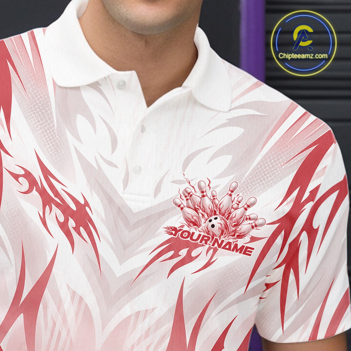 Custom Red Flame Tribal Bowling Men Polo Shirt, Bowling League Shirt Team Jersey IPHW12130