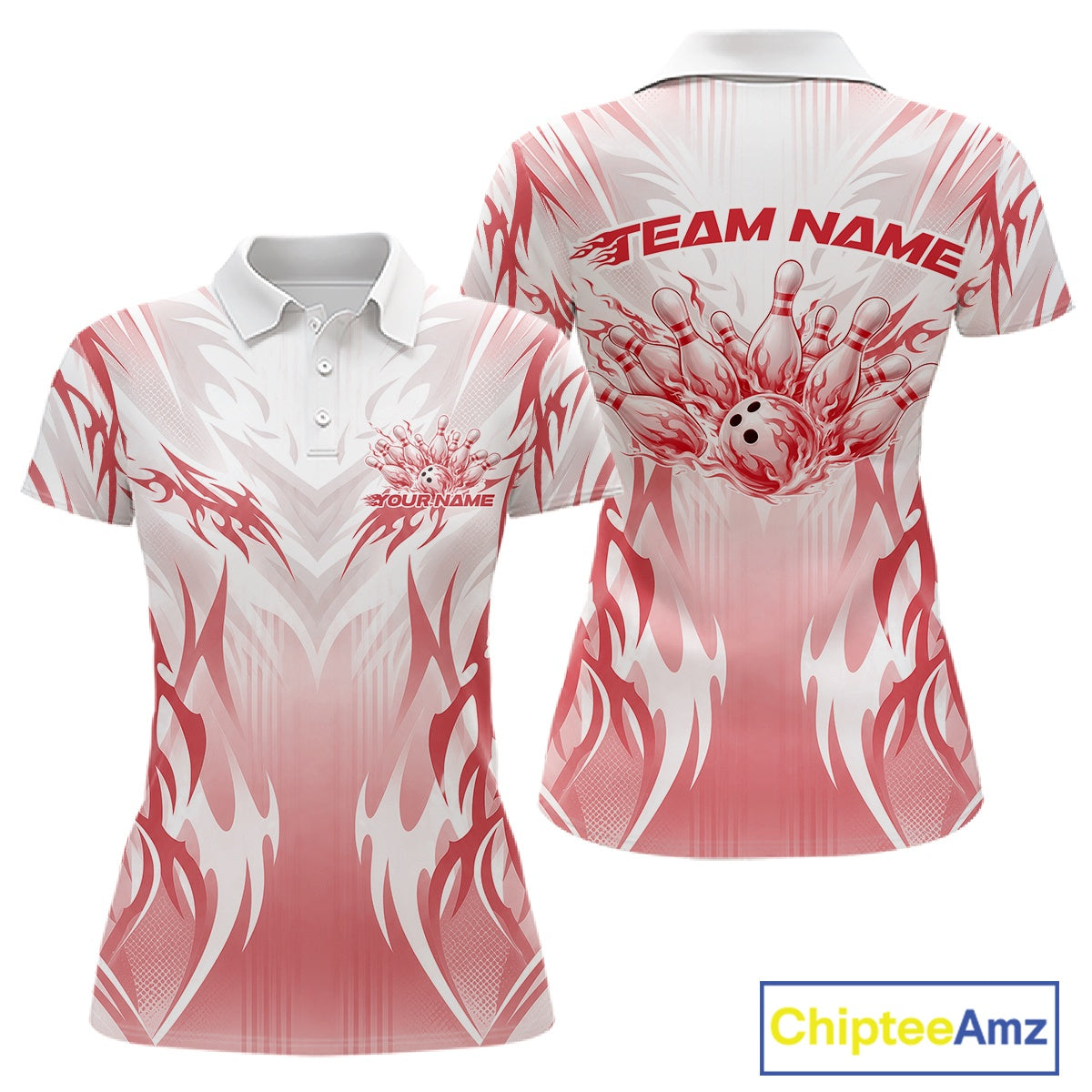 Custom Red Flame Tribal Bowling Women Polo Shirt, Bowling League Shirt Team Jersey IPHW12130