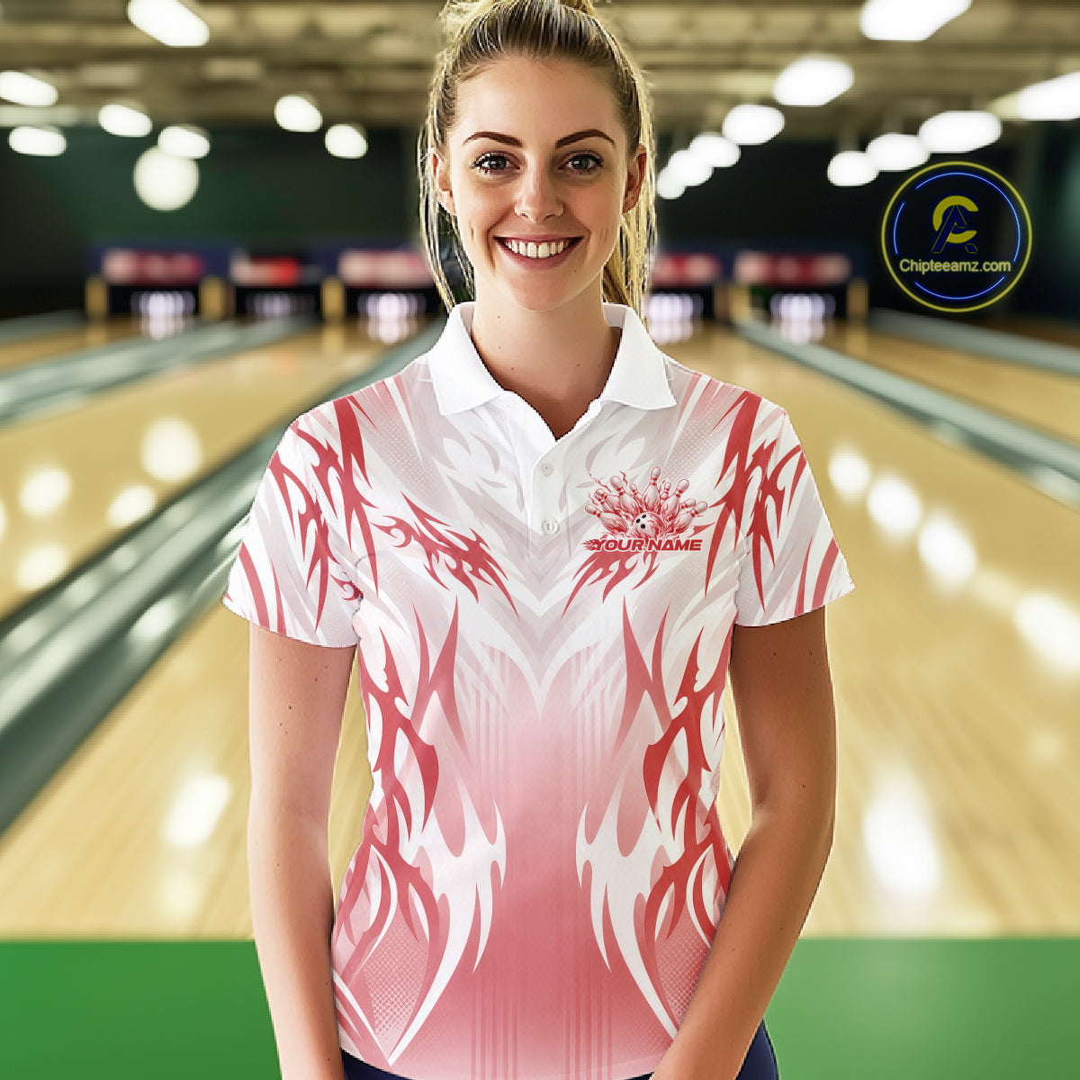 Custom Red Flame Tribal Bowling Women Polo Shirt, Bowling League Shirt Team Jersey IPHW12130