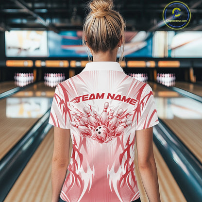 Custom Red Flame Tribal Bowling Women Polo Shirt, Bowling League Shirt Team Jersey IPHW12130