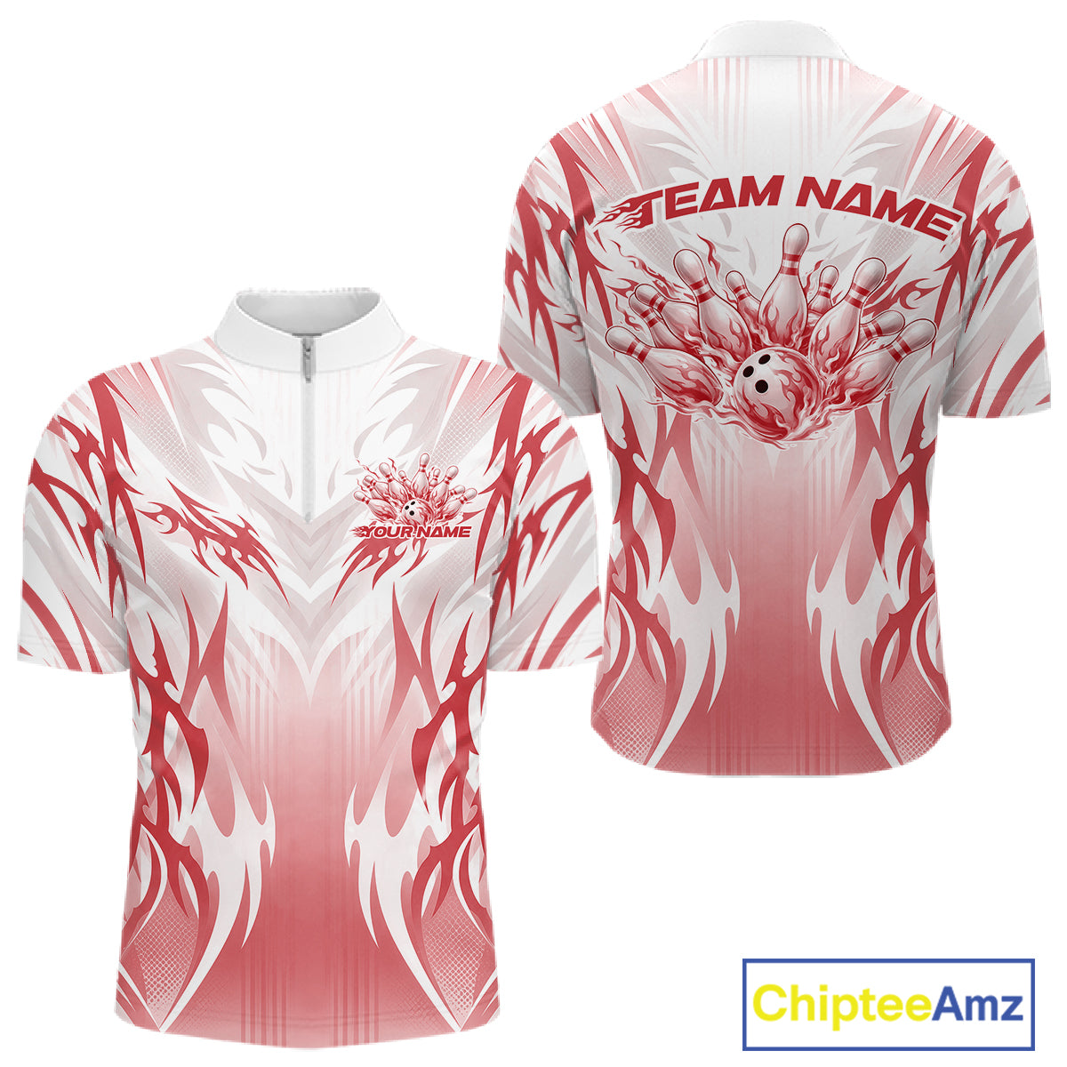 Custom Red Flame Tribal Bowling Men Quarter Zip Shirt, Bowling League Shirt Team Jersey IPHW12130