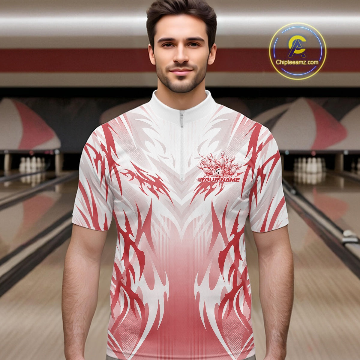 Custom Red Flame Tribal Bowling Men Quarter Zip Shirt, Bowling League Shirt Team Jersey IPHW12130