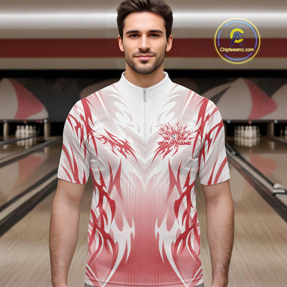Custom Red Flame Tribal Bowling Men Quarter Zip Shirt, Bowling League Shirt Team Jersey IPHW12130