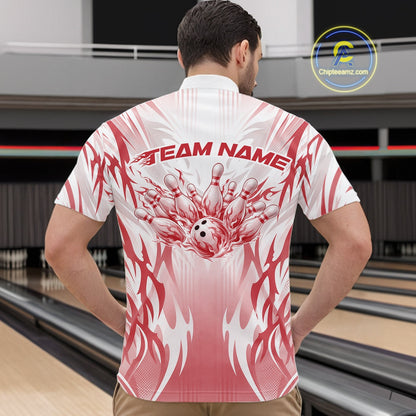 Custom Red Flame Tribal Bowling Men Quarter Zip Shirt, Bowling League Shirt Team Jersey IPHW12130