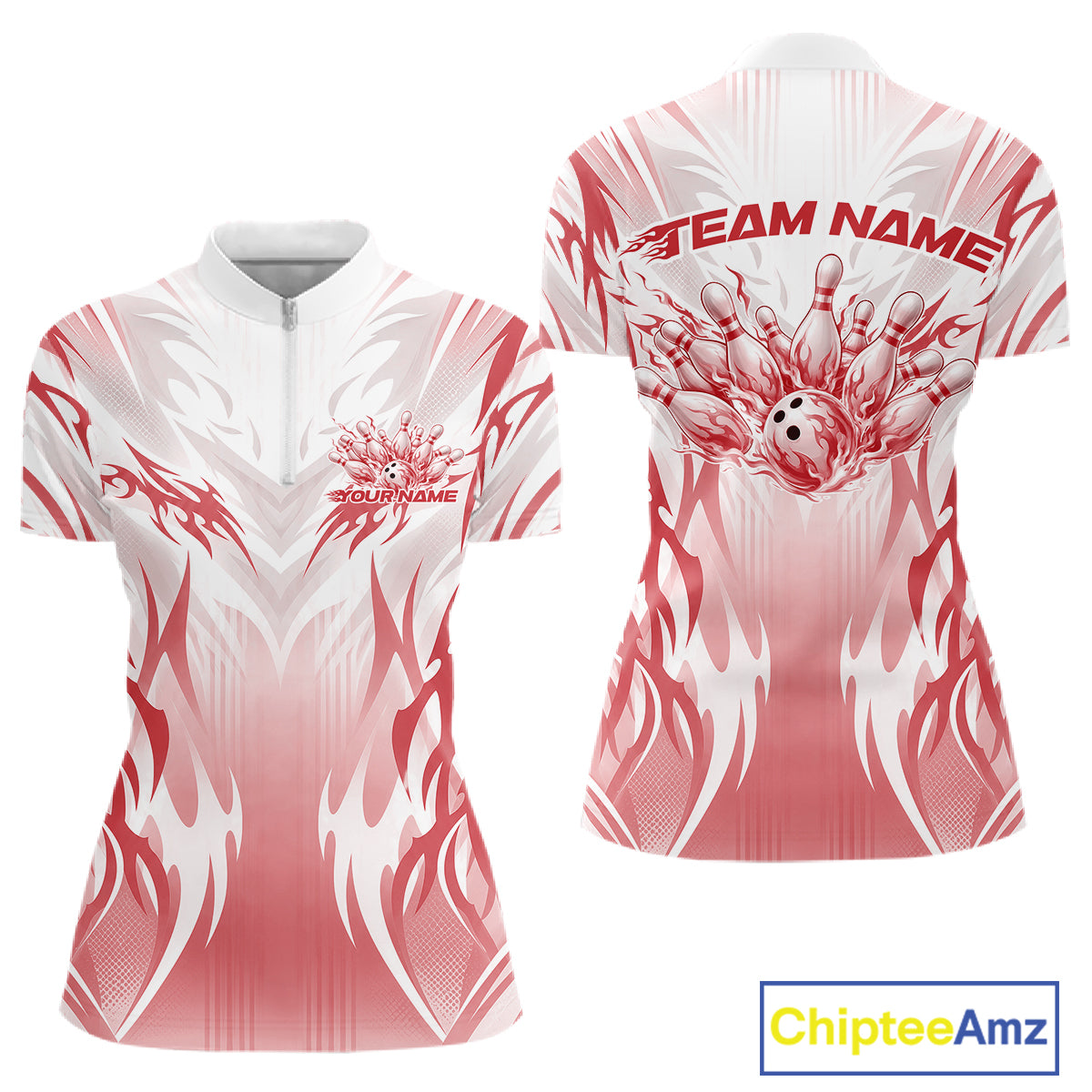 Custom Red Flame Tribal Bowling Women Quarter-Zip Shirt, Bowling League Team Shirt IPHW12130