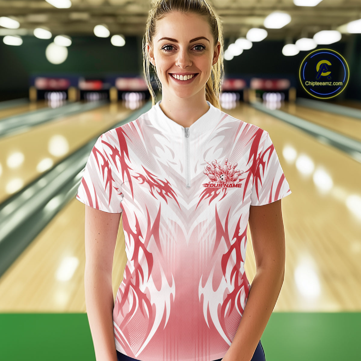 Custom Red Flame Tribal Bowling Women Quarter-Zip Shirt, Bowling League Team Shirt IPHW12130