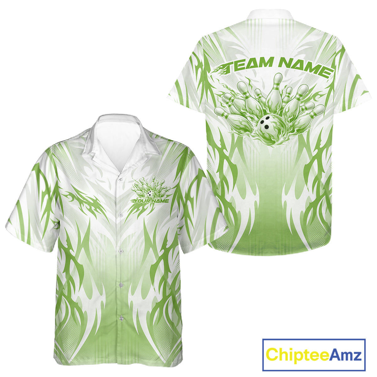 Custom Green Flame Tribal Bowling Men And Women Button Up Shirt, Bowling League Shirt Team Jersey IPHW12131