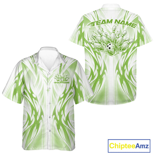 Custom Green Flame Tribal Bowling Men And Women Button Up Shirt, Bowling League Shirt Team Jersey IPHW12131