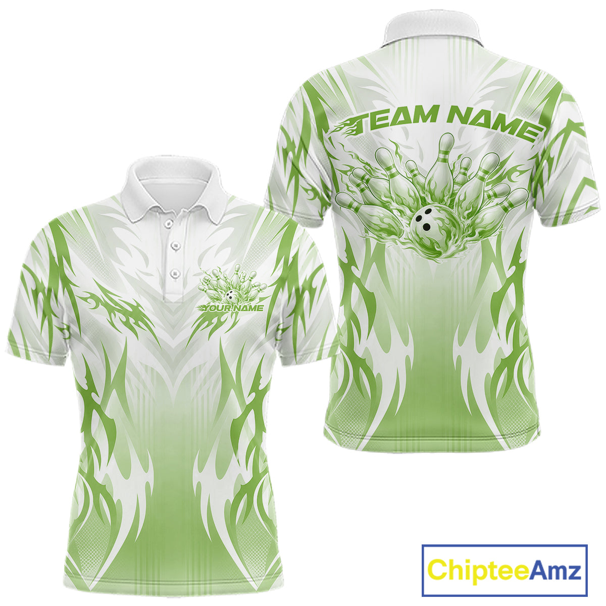 Custom Green Flame Tribal Bowling Men Polo Shirt, Bowling League Shirt Team Jersey IPHW12131